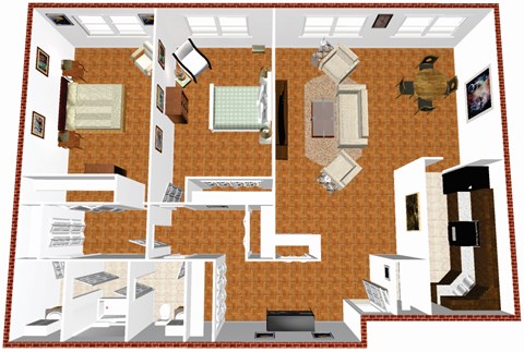 Floor plan for 2 beds, 1 bath, 1042 sqft